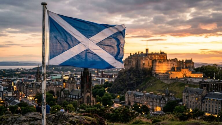 Bandera de Escocia con el castillo de Edimburgo al fondo, imagen de la capital escocesa al atardecer.