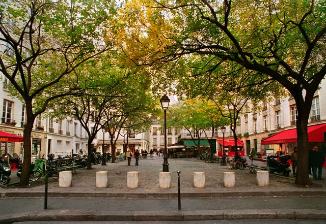 Plaza arbolada de París con cafés, terrazas y edificios clásicos, imagen relacionada con barrios convenientes para alojarse por primera vez.
