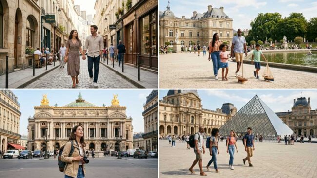 Collage de viajeros recorriendo París cerca de cafés, jardines, la Ópera Garnier y el Museo del Louvre.