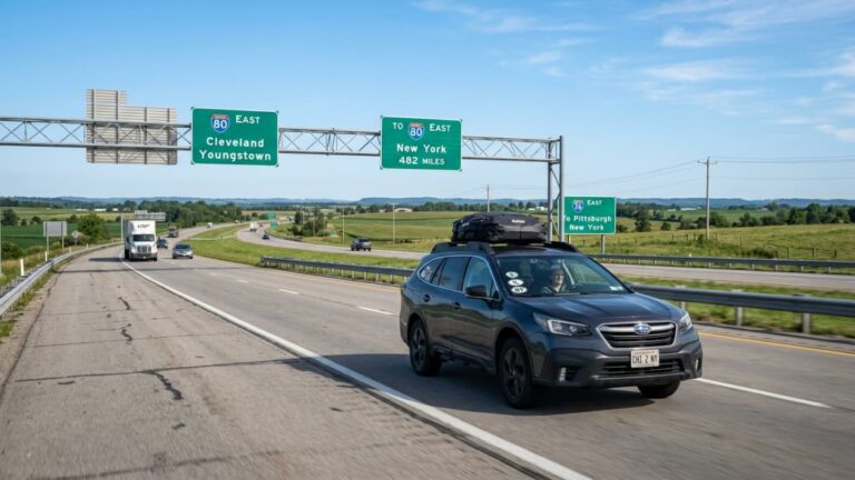 Auto viajando por una autopista rumbo a Nueva York, imagen relacionada con la ruta en carro desde Chicago.