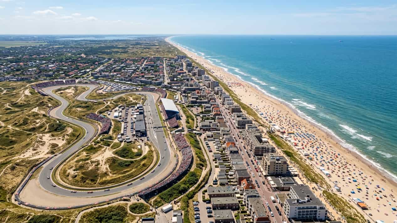 Vista aérea del circuito de Zandvoort junto a la playa y el Mar del Norte, en Países Bajos.