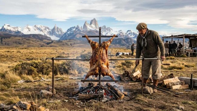 Cordero patagónico asado al fuego con montañas de fondo, imagen relacionada con las comidas típicas de Argentina por región.