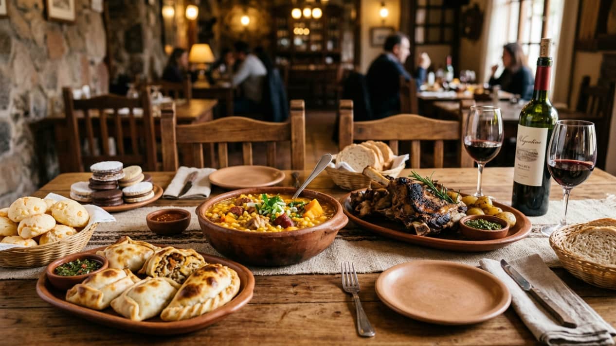 Mesa con comidas típicas argentinas como empanadas, locro, chipá, carne asada, alfajores y vino, imagen relacionada con platos regionales de Argentina.