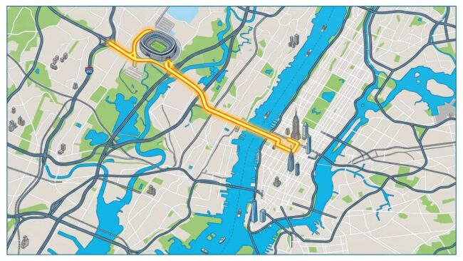 Cómo llegar desde Manhattan al estadio Nueva York–Nueva Jersey Mapa ilustrado de Nueva York y New Jersey con una ruta destacada desde Manhattan hacia el estadio Nueva York–Nueva Jersey para la final del Mundial 2026.