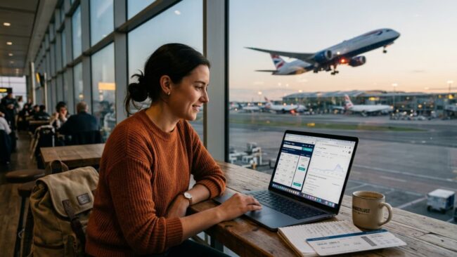 Viajera compara precios y condiciones de vuelos en una computadora desde una terminal de aeropuerto.