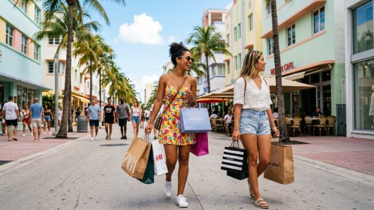 Dos mujeres con bolsas de compras caminando por una zona comercial de Miami Beach, con palmeras, tiendas y caf&eacute;s.