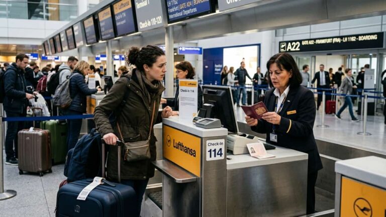 Empleada de una aerol&iacute;nea revisa el pasaporte de una pasajera durante el check-in en un aeropuerto europeo.