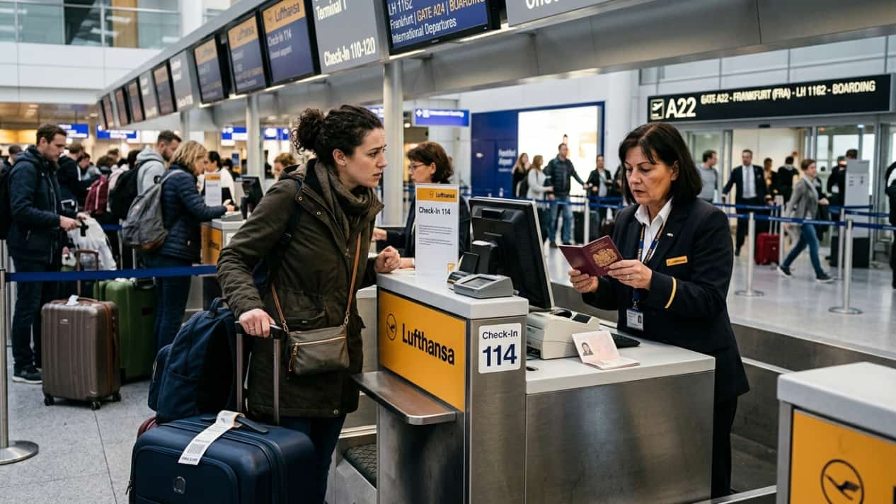 Empleada de una aerolínea revisa el pasaporte de una pasajera durante el check-in en un aeropuerto europeo.