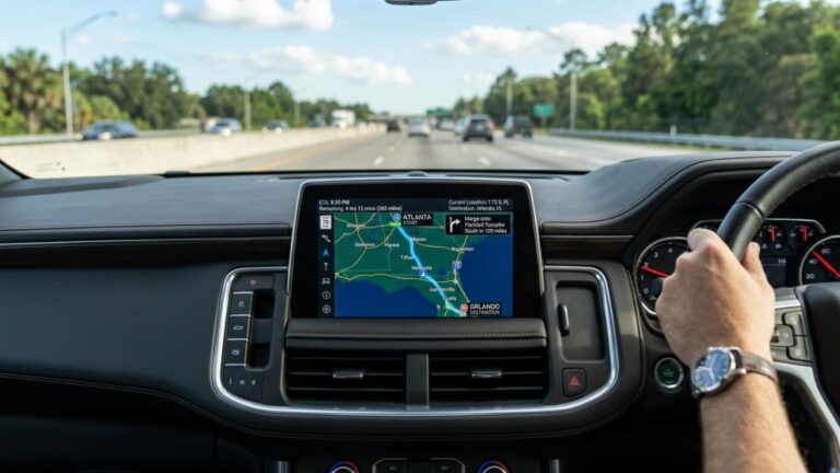 Conductor siguiendo en el GPS la ruta de Atlanta a Orlando en carro por una autopista de Estados Unidos.