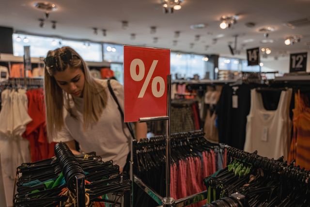Mujer revisando ropa en una tienda con cartel de descuentos, imagen relacionada con compras baratas en Miami.