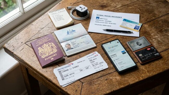 Documentación y protección antes de reservar un vuelo en Gotogate Pasaportes, tarjeta de embarque, seguro de viaje, teléfono y medios de pago preparados para un vuelo internacional.