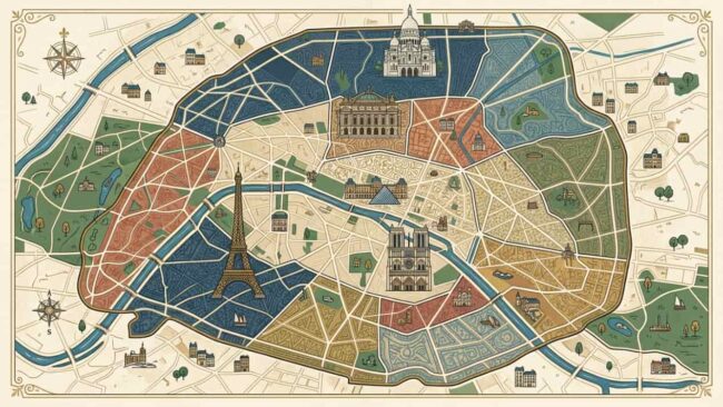Mapa ilustrativo de París con barrios y zonas turísticas para elegir dónde alojarse por primera vez.