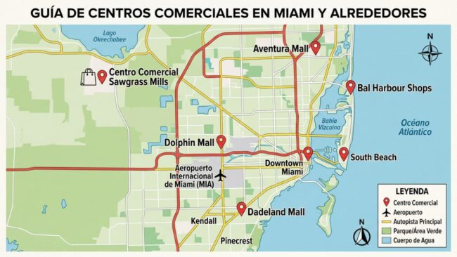 Mapa de Miami y alrededores con centros comerciales como Sawgrass Mills, Dolphin Mall, Aventura Mall, Dadeland Mall y Bal Harbour Shops.