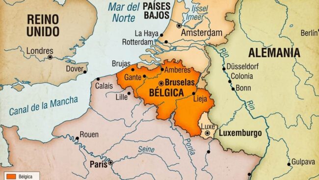 Mapa de Bélgica resaltada en Europa occidental, con Bruselas y ciudades como Brujas, Gante, Amberes y Lieja.