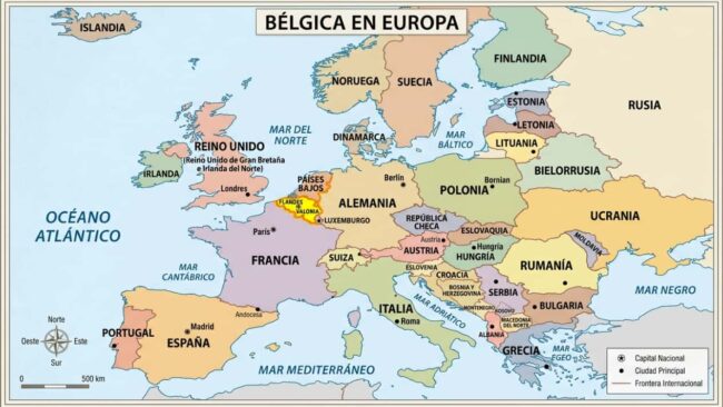 Mapa de Europa con Bélgica resaltada, junto a su ubicación respecto de Francia, Alemania, Países Bajos y Luxemburgo.