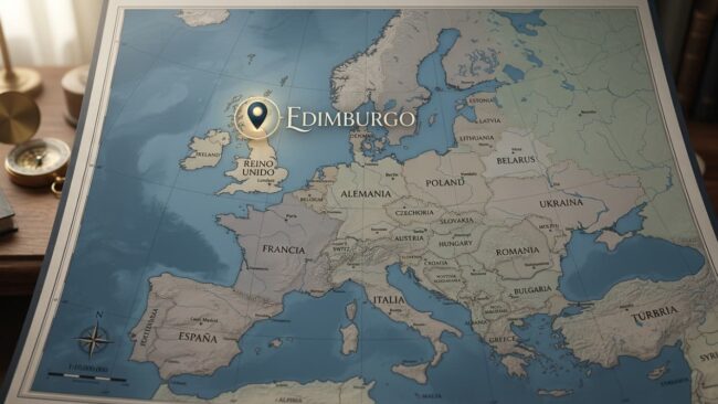 Dónde queda Edimburgo en el mapa de Europa y Reino Unido Mapa de Europa con la ubicación de Edimburgo señalada en Escocia, dentro del Reino Unido.