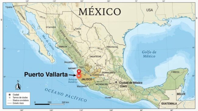 Dónde queda Puerto Vallarta en el mapa de México Mapa de México con la ubicación de Puerto Vallarta en la costa del Pacífico, en el estado de Jalisco, cerca de Nayarit y Guadalajara.