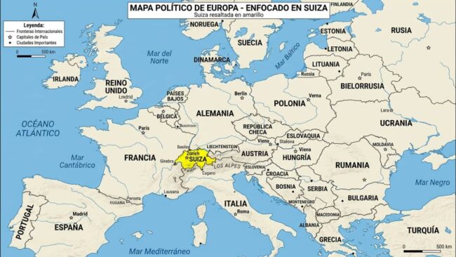 Mapa de Europa con Suiza resaltada en amarillo, ubicada entre Francia, Alemania, Austria, Liechtenstein e Italia.