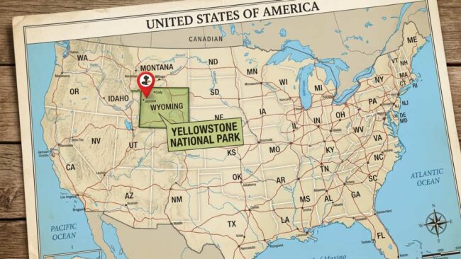 Dónde queda Yellowstone en el mapa de Estados Unidos Mapa de Estados Unidos con la ubicación del Parque Nacional Yellowstone señalada en Wyoming, cerca de Montana e Idaho.