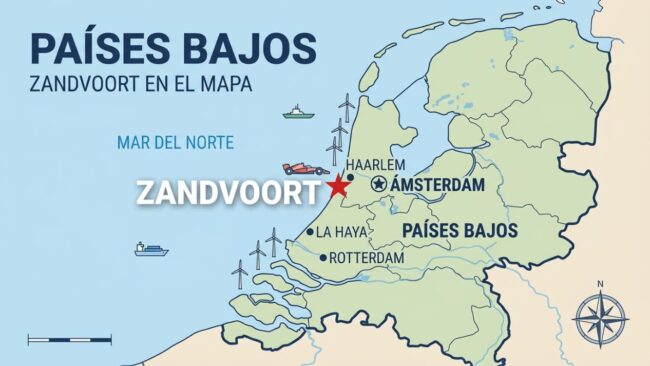 Mapa de Países Bajos con la ubicación de Zandvoort junto al Mar del Norte, cerca de Ámsterdam, Haarlem, La Haya y Rotterdam.