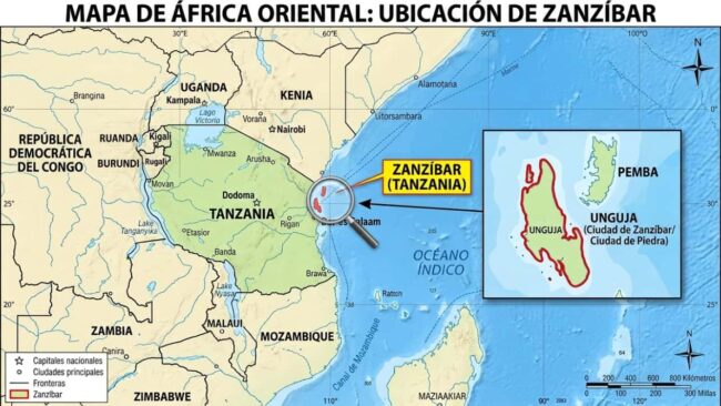 Mapa de África Oriental con la ubicación de Zanzíbar señalada frente a la costa de Tanzania, en el océano Índico.