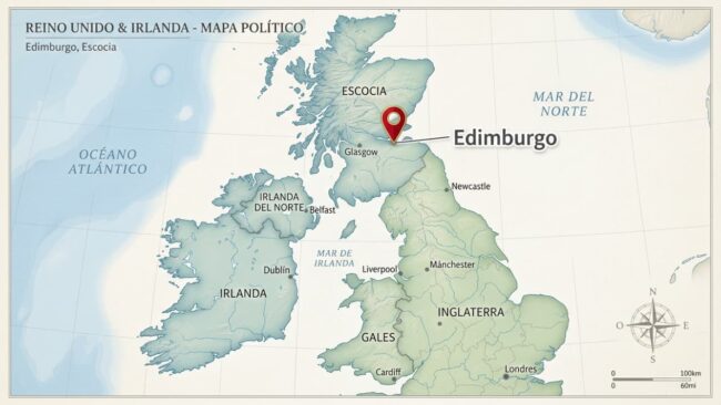 Mapa del Reino Unido e Irlanda con la ubicación de Edimburgo señalada en Escocia, al norte de Inglaterra.