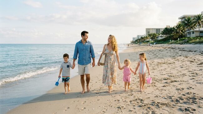 Familia caminando con niños por una playa de Miami, imagen relacionada con planes para hacer en familia en 2026.