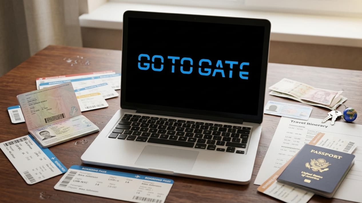 Computadora con el sitio de Gotogate junto a pasaportes, tarjetas de embarque y documentos para organizar un viaje.