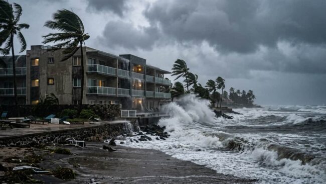 Hotel frente al mar afectado por una tormenta tropical, con oleaje fuerte, viento intenso y palmeras dobladas.