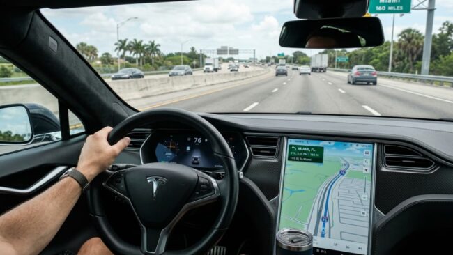 Conductor manejando por una autopista de Florida con el GPS rumbo a Miami, imagen relacionada con el viaje en carro desde Houston.