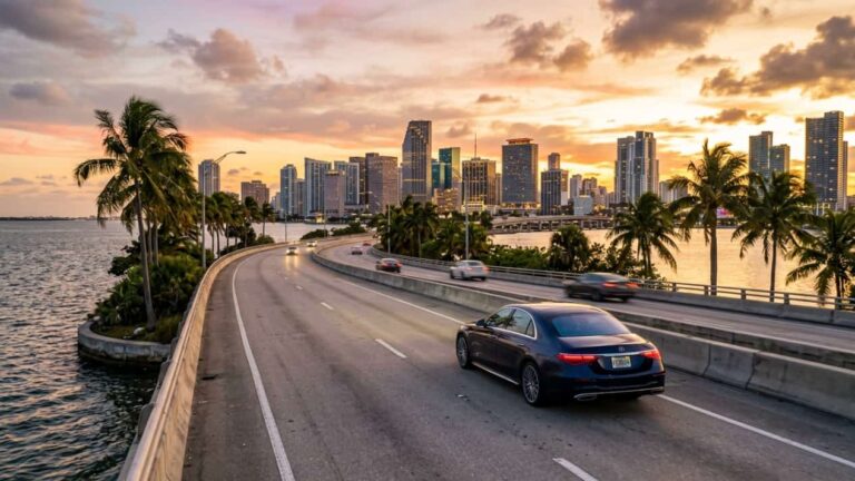 Carro entrando a Miami por una autopista junto al mar, con palmeras y el skyline de la ciudad al atardecer.
