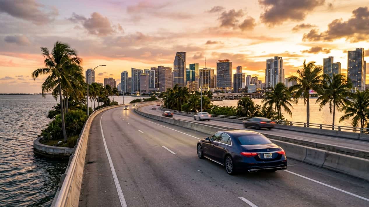 Carro entrando a Miami por una autopista junto al mar, con palmeras y el skyline de la ciudad al atardecer.