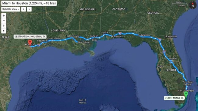 Mapa de la ruta entre Houston y Miami por el sur de Estados Unidos, con recorrido por Texas, Louisiana, Mississippi, Alabama y Florida.