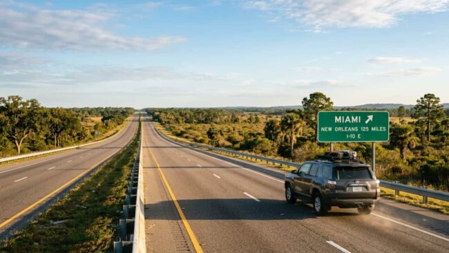 Houston a Miami en carro: ruta, distancia y paradas Carro viajando por una autopista hacia Miami, imagen relacionada con la ruta, distancia y paradas desde Houston a Miami.