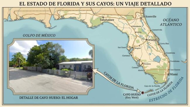 Mapa de Florida que señala la ubicación de Key West, o Cayo Hueso, en el extremo sur de los Cayos de Florida.