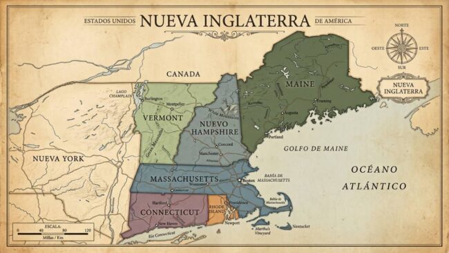 Mapa de Nueva Inglaterra en Estados Unidos con sus seis estados: Maine, Vermont, Nuevo Hampshire, Massachusetts, Connecticut y Rhode Island.