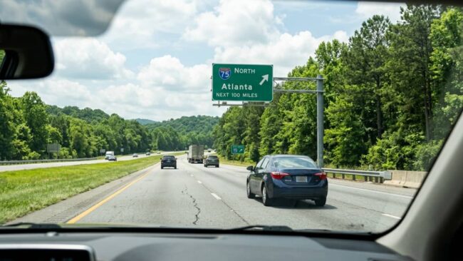 Vista desde el interior de un auto en una autopista con una señal de la I-75 North hacia Atlanta, imagen relacionada con el viaje en auto desde Miami a Atlanta.