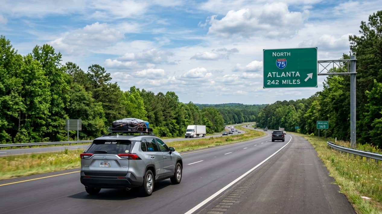 Auto viajando por una autopista hacia Atlanta, imagen relacionada con la ruta en auto desde Miami y la distancia del viaje.