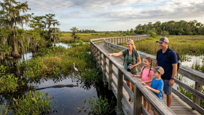 Familia con niños observando fauna en un humedal cerca de Miami, con pasarela de madera, aves y un caimán en el agua.