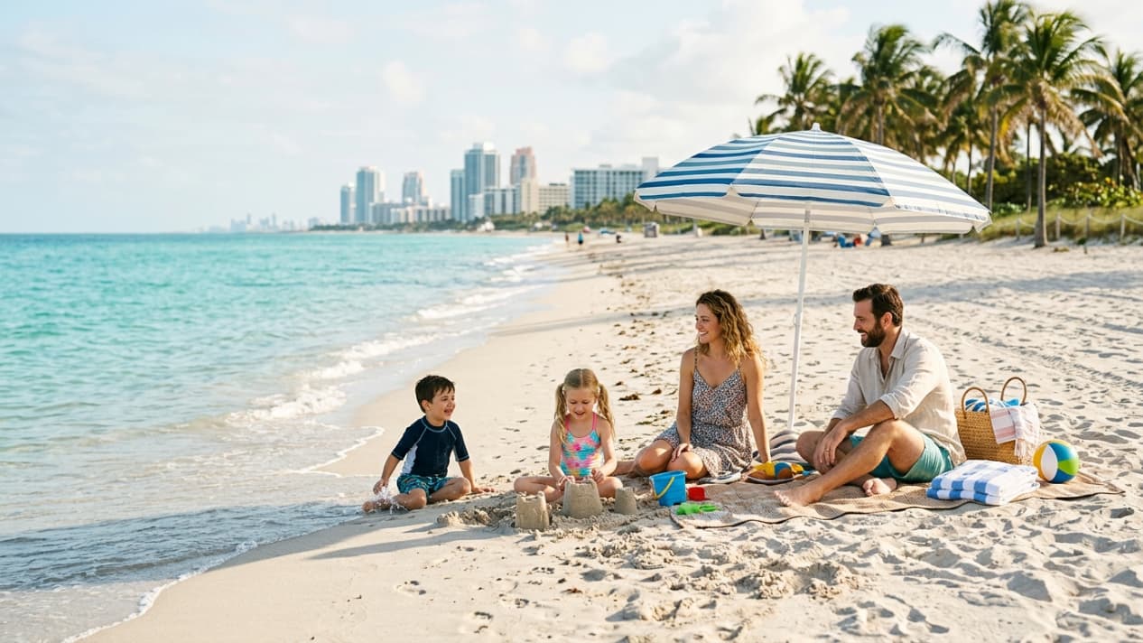 Familia con niños disfrutando una playa de Miami con sombrilla, juguetes de arena y edificios frente al mar al fondo.