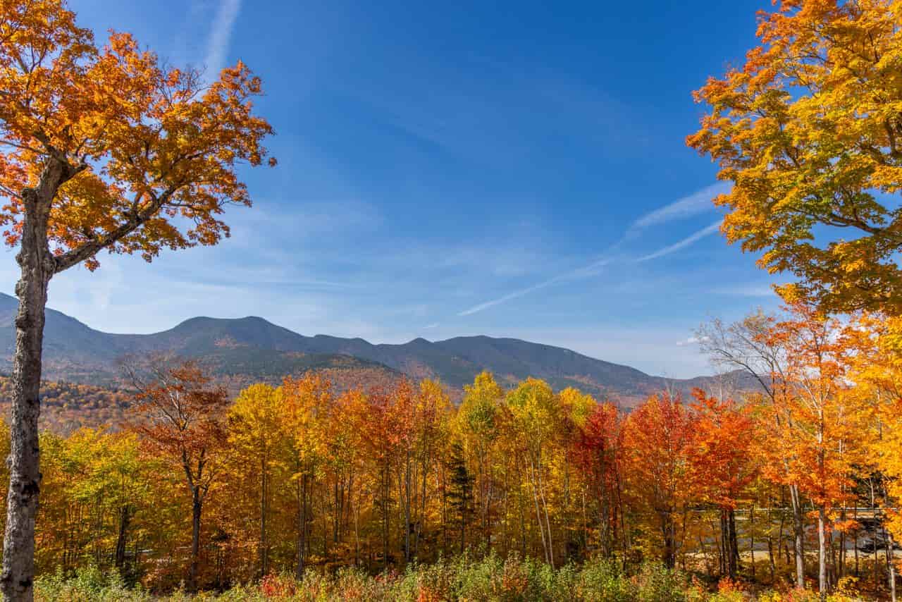 Paisaje de montaña en Nueva Inglaterra durante el otoño, con bosques de hojas amarillas, naranjas y rojas bajo cielo azul.