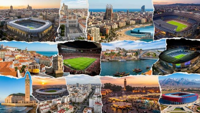 Collage de ciudades, estadios y destinos de España, Portugal y Marruecos relacionados con el Mundial 2030.