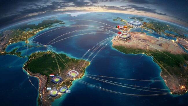 Mapa ilustrativo del Mundial 2030 con países sede en Sudamérica, Europa y África, rutas aéreas y estadios destacados.
