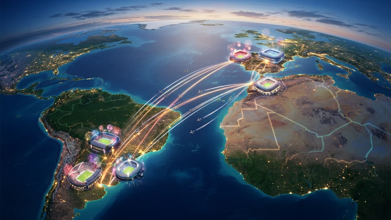 Mapa conceptual del Mundial 2030 con rutas aéreas entre Sudamérica, Europa y África, estadios iluminados y conexiones internacionales.