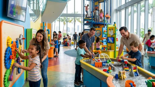 Niños jugando en un museo interactivo de Miami con actividades de agua, juegos didácticos y espacios familiares.
