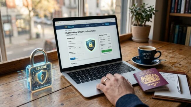 Persona realiza el pago de una reserva aérea online desde una computadora, junto a un pasaporte y documentos de viaje.