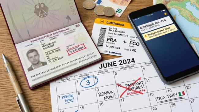 Pasaporte vencido junto a un pasaje aéreo a Roma, un calendario y una alerta sobre la fecha de expiración del documento.