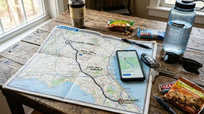 Mapa y teléfono con la ruta en carro de Atlanta a Orlando, junto a llaves, agua y alimentos para el viaje.