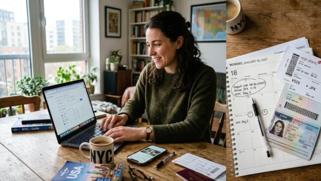 Mujer organiza un viaje a Nueva York para Martin Luther King Day 2027 con pasajes, calendario, pasaporte y computadora.
