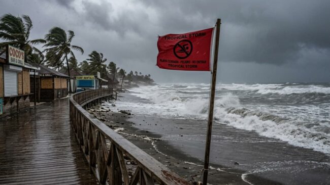 Playa cerrada por tormenta tropical durante las vacaciones Playa cerrada por tormenta tropical, con bandera de advertencia, oleaje fuerte, viento y palmeras dobladas.
